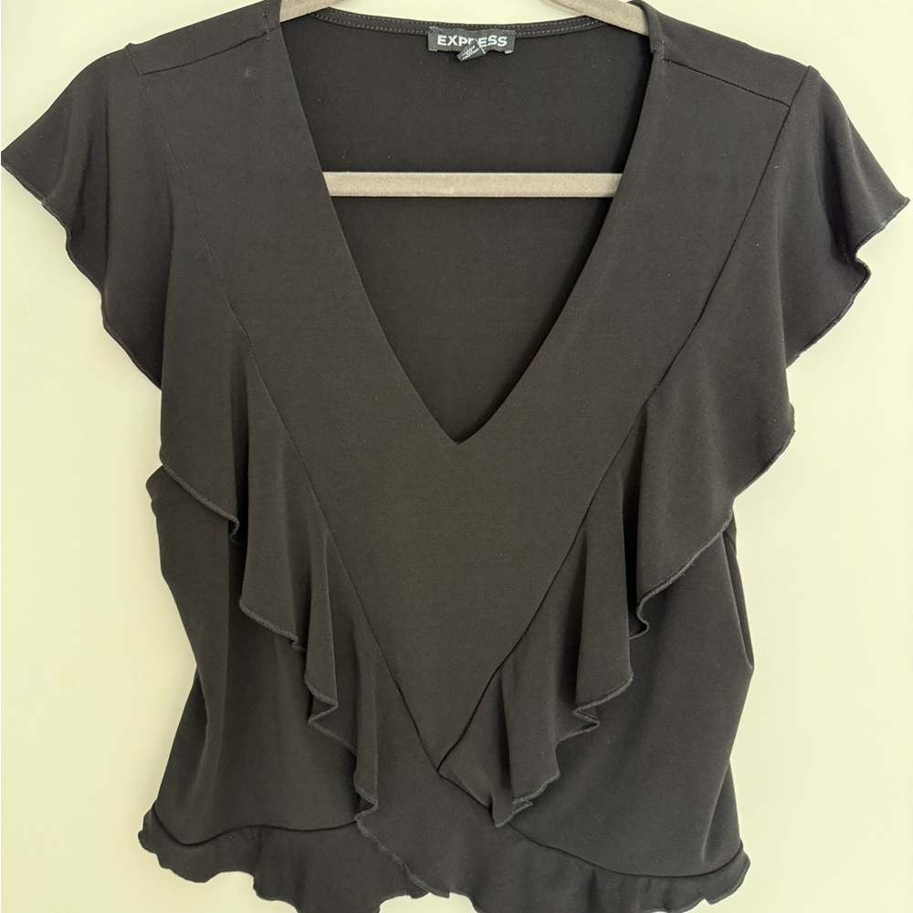 Express Elegant Black Ruffle V-Neck Blouse